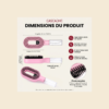 Cascadhe — Dimensions du produit Schéma des dimensions de la brosse Cascadhe rose pâle : longueur 25 cm, largeur 8 cm, profondeur 4 cm, capacité spray 50 ML, picots souples
