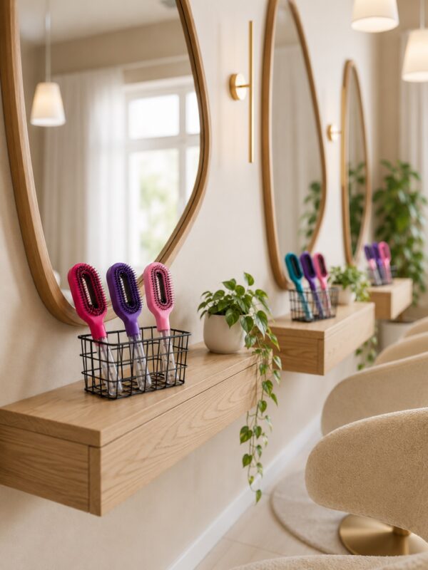 Cascadhe display salon — Présentoir bois éditorial Brosses Cascadhe rose, magenta et violet présentées en salon dans un panier sur étagère bois flottante