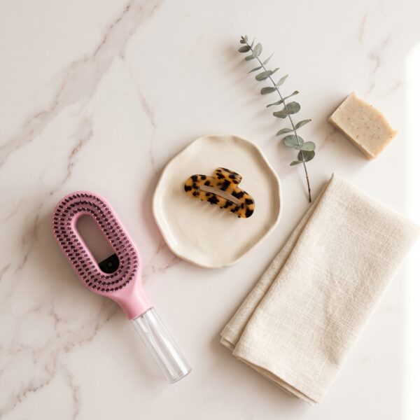 Cascadhe · flatlay-marble-routine Brosse Cascadhe en flat lay sur marbre avec accessoires beaute minimalistes