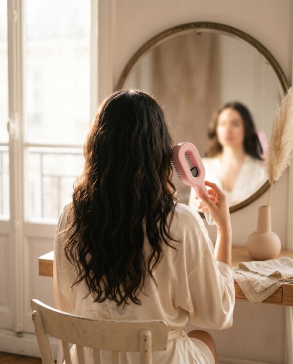 Cascadhe · morning-routine-mirror Cascadhe en routine matinale devant miroir vintage, peignoir soie creme